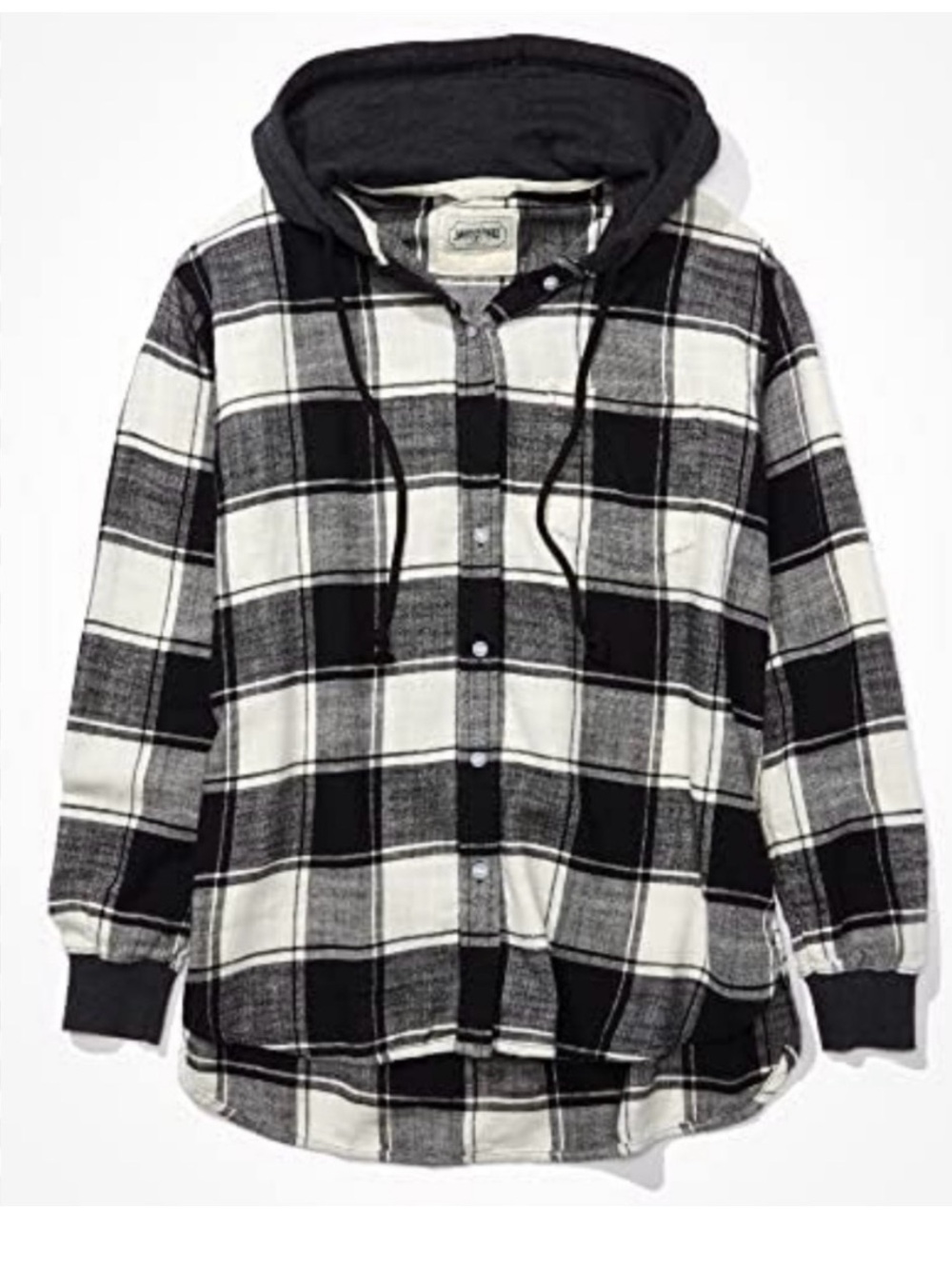 Black & White Plaid Hooded Shirt Jacket